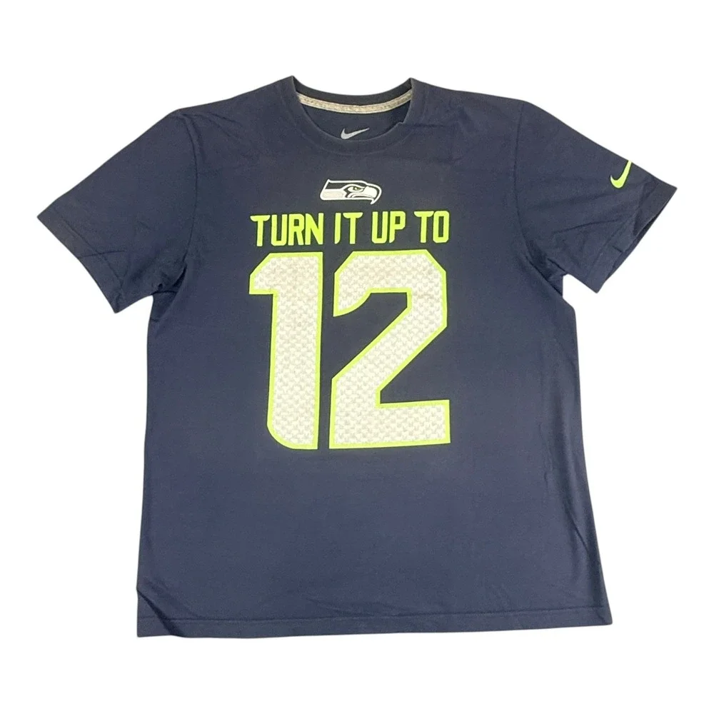 Nike Seattle Seahawks T-Shirt Mens Medium Navy Blue Turn It Up To 12 NFL Fan Tee